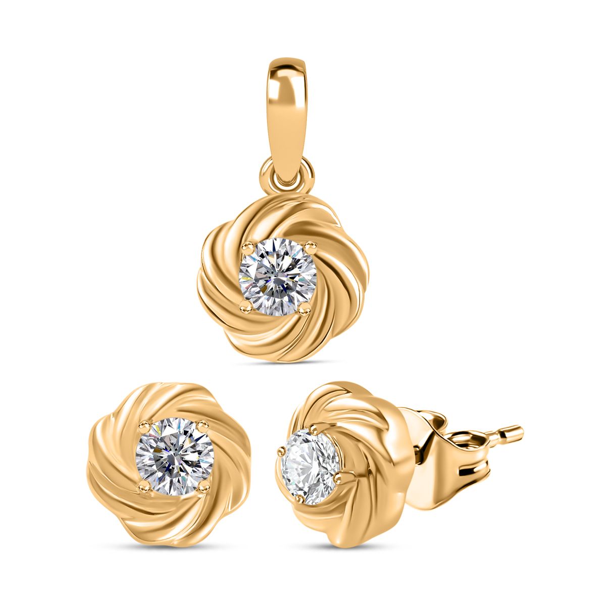 Moissanit Schmuckset, 925 Silber 750 Gelbgold Vermeil - 0,75 ct.